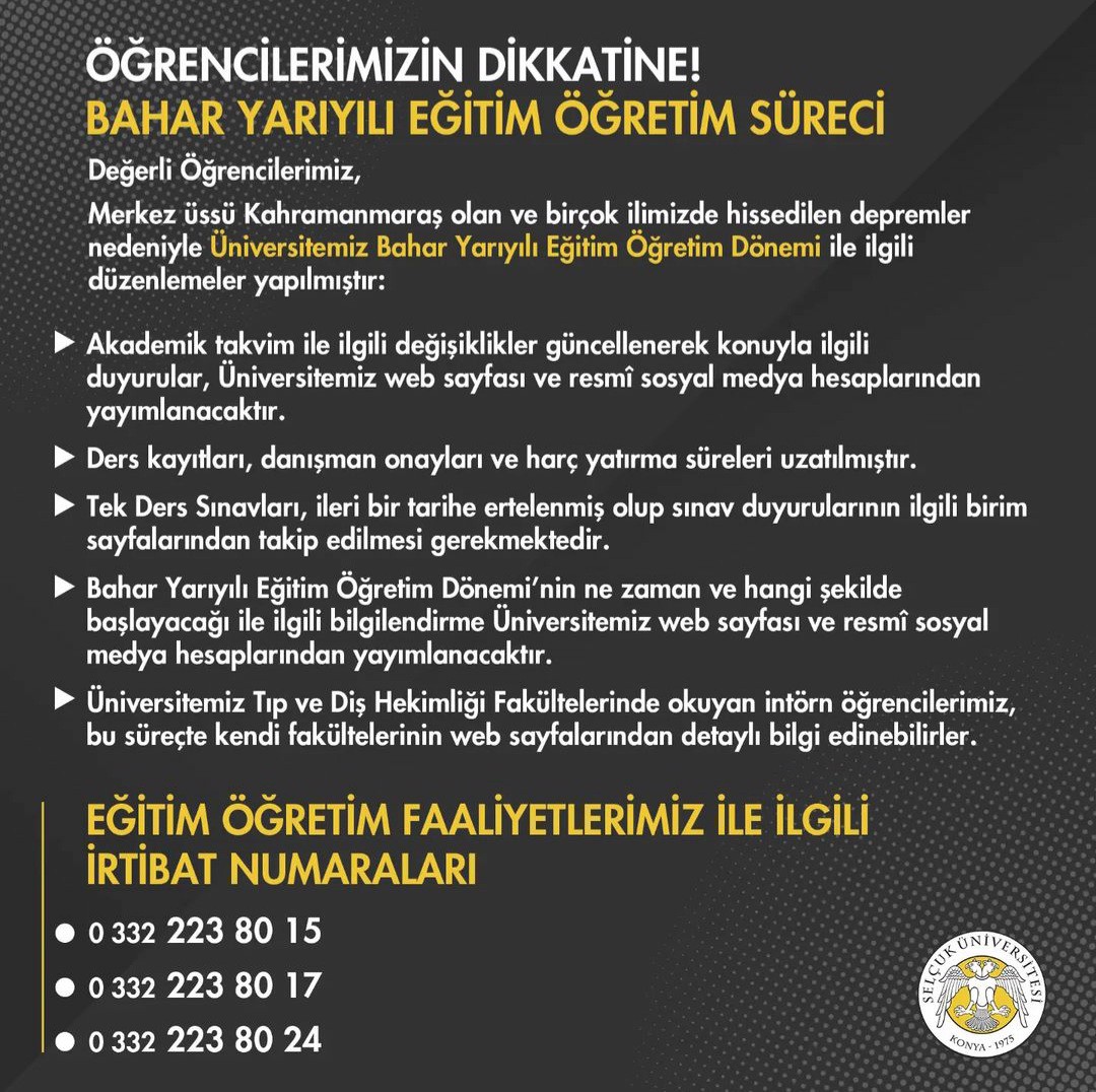 TEK DERS SINAVLARININ ERTELENMESİ VE BAHAR YARIYILI EĞİTİM-ÖĞRETİM SÜRECİ HK.